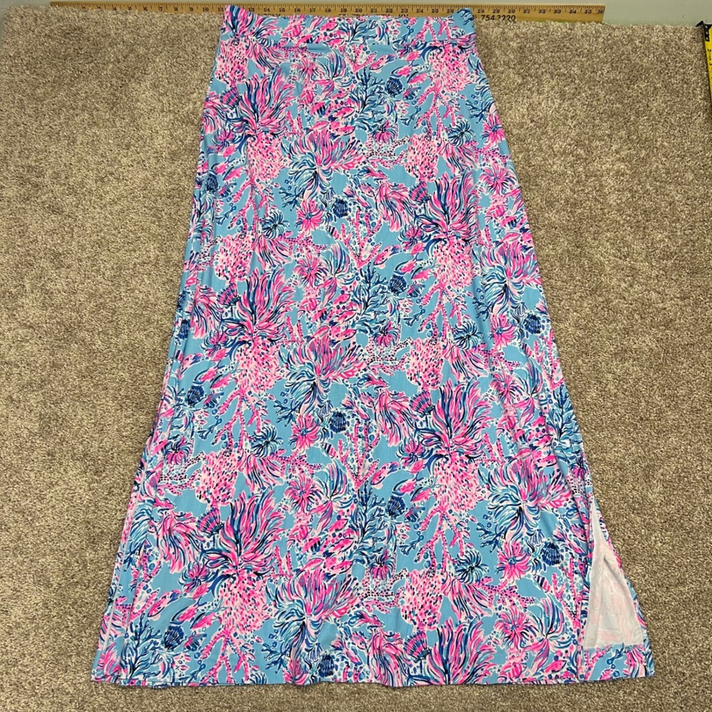 Lilly Pulitzer Maxi Skirt Womens Large Blue Pink Coral‎ Reef Print Side Slits